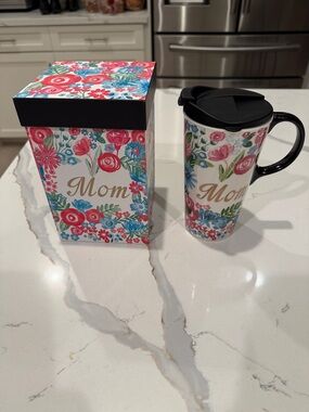 Floral "Mom" Insulated Travel Mug - Pink & Blue
